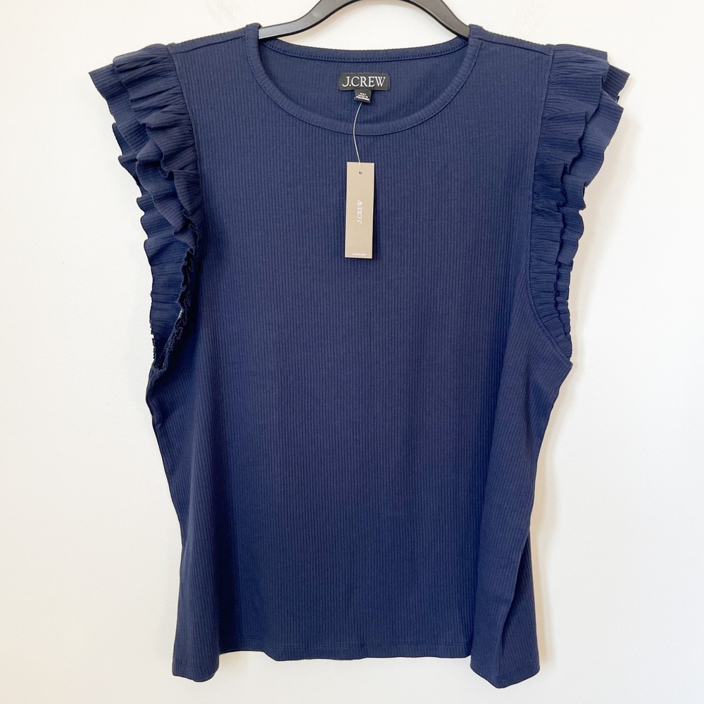 NEW J.Crew Vintage Rib Ruffle Sleeve Shirt Womens XXL Navy Blue